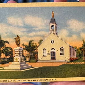 Wunderschöne Antike Leinen Postkarte des Schreins in St Anne Des Lacs bei Lake Wales, Florida