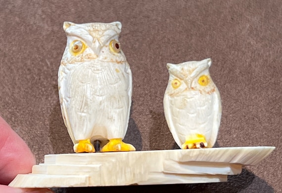 Darling Little Antique Handcarved Bone Japanese Owl Statue 1950s