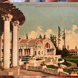 Bella cartolina antica che mostra manifatture agricole e macchinari Edifici Alaska Yukon Pacific Exposition a Seattle, Washington