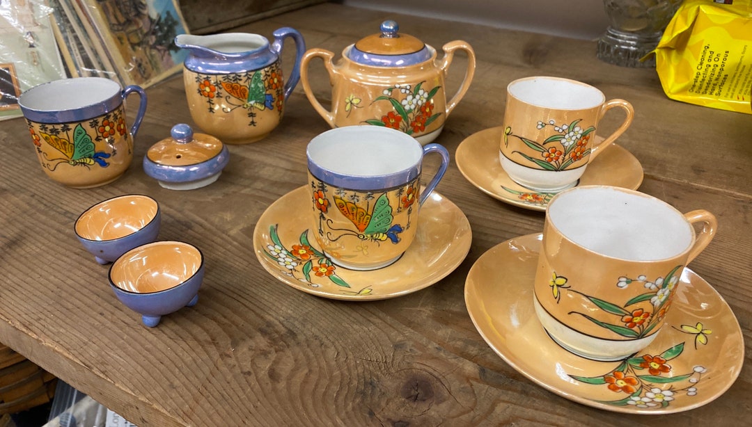Lovely Set of Creamer Sugar Tea Cups & Salt Cellars in Peach Lusterware