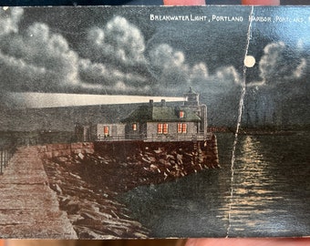 Cool Antique Postcard of Breakwater Light in Portland Harbor at Portland, Maine