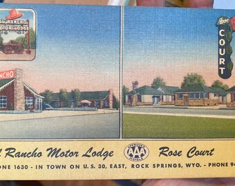 Beautiful Antique Linen Postcard El Rancho Motor Lodge, Rose Court in Rock Sorings, Wyoming