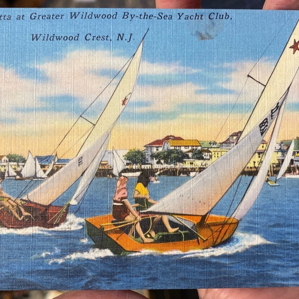 Gorgeous Linen Postcard of Sailing Regatta at Greater Wildwood By the Sea Yacht Club, Wildwood Crest, New Jersey