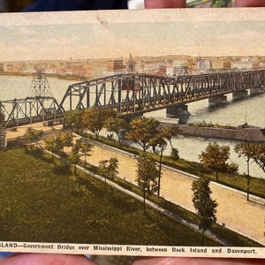 Belle carte postale en lin antique du pont du gouvernement sur le fleuve Mississippi, Rock Island, Illinois