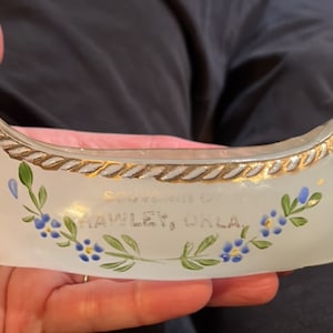 Antique Handpainted Victorian Souvenir Of Hawley, Oklahoma Milk Glass Canoe