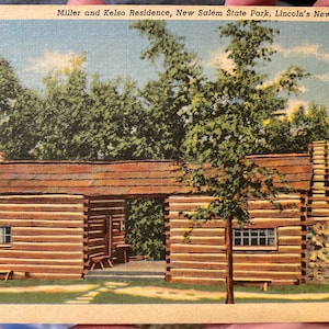 Bella cartolina di lino antica di Miller e Kelso Residence, New Salem State Park, Lincoln's New Salem, Illinois