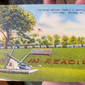 Fantástico cartão postal de linho antigo da âncora do Maine do US Battleship Maine City Park em Reading, Pensilvânia
