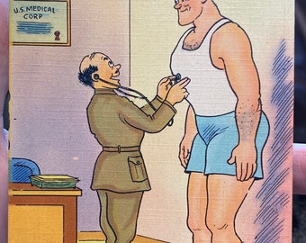 Silly WWII Military Army Linen Postcard “The Army will make a New Man out of You” Soldier with Doctor 1943