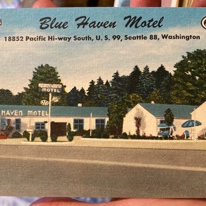 Beau antique linge de carte postale Blue Haven Motel sur pacific highway à Seattle, Washington