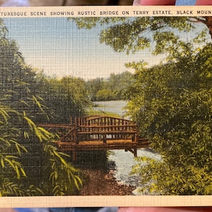 Schöne Antike Leinen Postkarte Eine malerische Szene zeigt rustikale Brücke auf Terry Estate, Black Mountain in North Carolina
