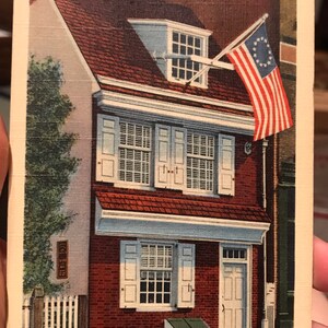 Preciosa postal de lino antiguo de Betsy Ross House en Arch Street en Filadelfia, Pensilvania