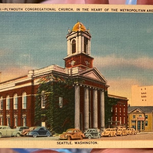 Fabuleuse carte postale en lin antique de l’église congrégationaliste de Plymouth à Seattle, Washington