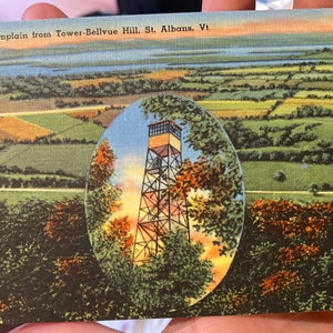 Lindo cartão postal de linho antigo do Lago Champlain de Tower-Bellvue Hill em St. Albans, Vermont