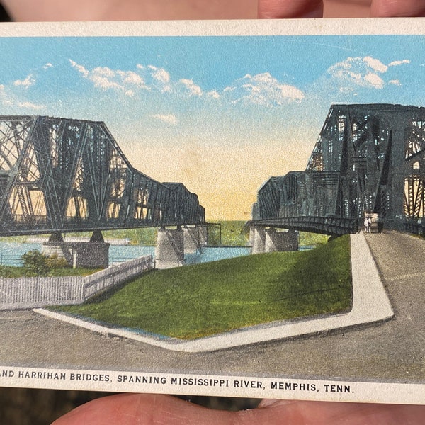 Lovely Antique Colorized Postcard of Memphis and Harrihan Bridges, Spanning Mississippi River in Memphis, Tennessee