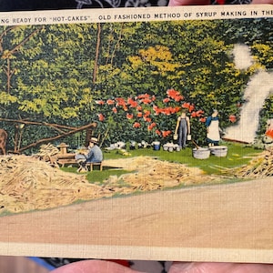 Antike Leinen Postkarte von "Getting Ready for Hot Cakes", altmodische Methode der Sirupherstellung im Süden