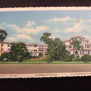 Fabuleuse carte postale en lin ancien de Sunset Hotel, Pasadena on the Gulf, St. Petersburg, Floride