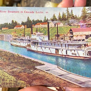 Bella cartolina antica dei piroscafi del fiume Columbia in Cascade Locks nello stato dell'Oregon