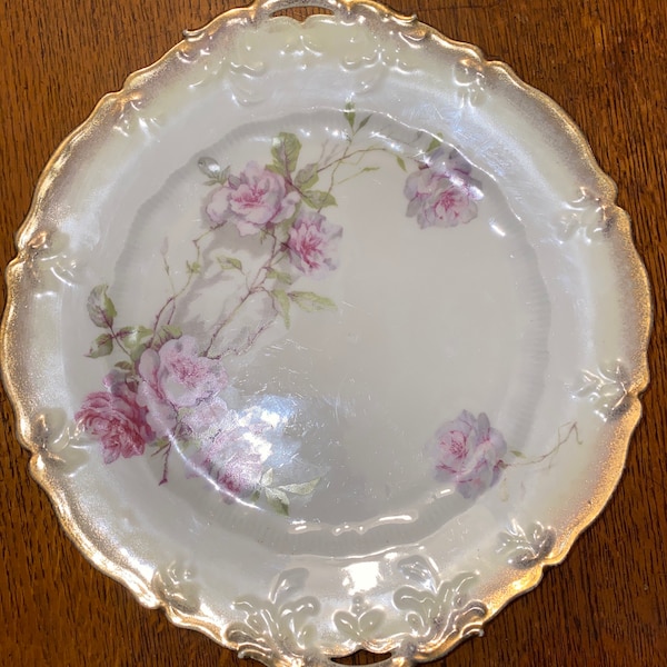 Gorgeous Antique 10-1/2” Porcelain Plate by CT Germany Pink & Gray Roses