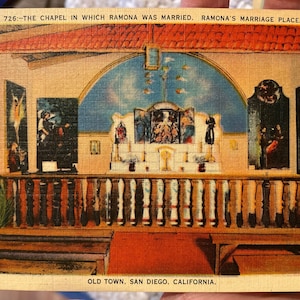 Wunderschöne Antike Leinen Postkarte der Adobe Chapel, wo Ramona in San Diego, Kalifornien verheiratet war