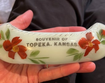 Antique Handpainted Victorian Souvenir of Topeka, Kansas Blue Milk Glass Canoe