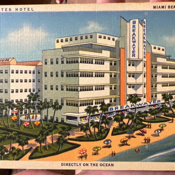 Beautiful Antique Linen Postcard of The Breakwater Hotel in Miami Beach, Florida