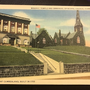 Belle carte postale en lin antique du temple maçonnique et de l’église épiscopale Emmanuel à Cumberland, Maryland