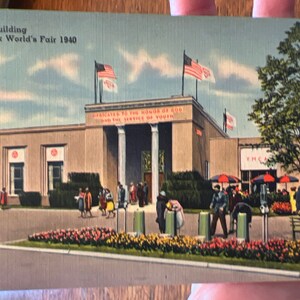 Belle carte postale en lin antique du bâtiment YMCA à l’Exposition universelle de New York 1940