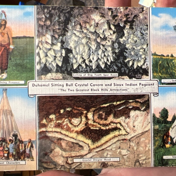 Beautiful Antique Linen Postcard of Duhamel Sitting Bull Crystal Cavern and Sioux Indian Pageant