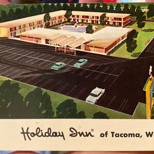 Cartão postal vintage imaculado do Holiday Inn dos anos 1950-60 de Tacoma, Washington