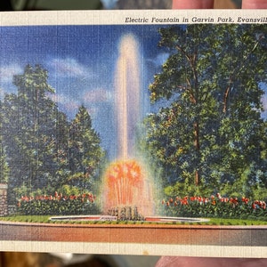 Coole Antike Leinen Postkarte der elektrischen Springbrunnen im Garvin Park in Evansville, Indiana