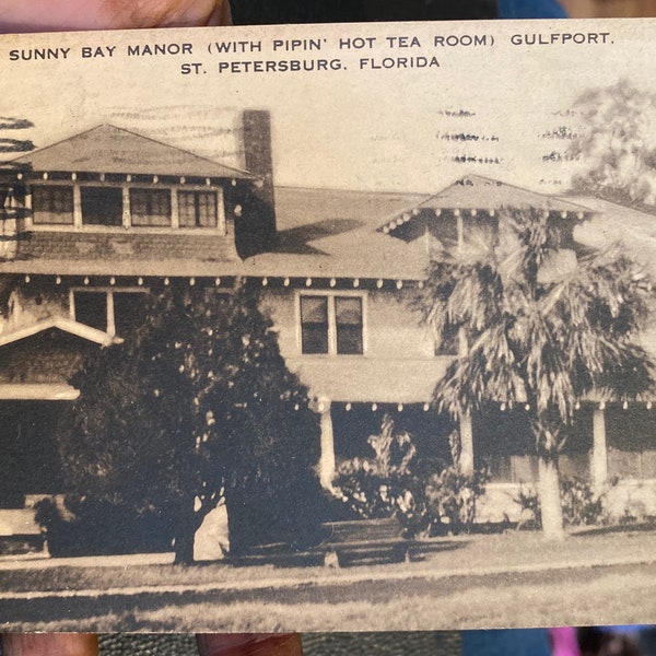 Fabulous Antique RPPC Real Photo Postcard of Sunny Bay Manor (with Pipin Hot Tea Room), Gulfport, St. Petersburg, Florida