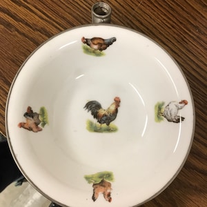GORGEOUS Rare Early 1900s Metal and Porcelain Baby Plate / Bowl with Chickens made in Germany