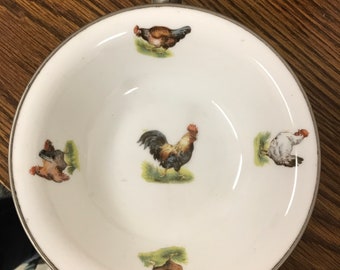 GORGEOUS Rare Early 1900s Metal and Porcelain Baby Plate / Bowl with Chickens made in Germany