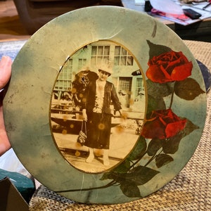 Magnificent Antique 9” Metal Celluloid Mourning Button with Woman & Roses