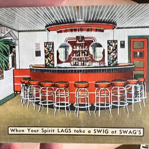 Cartão postal de linho antigo legal de Swig Swag’s Corner em Burlington, Wisconsin e Stuart, Flórida