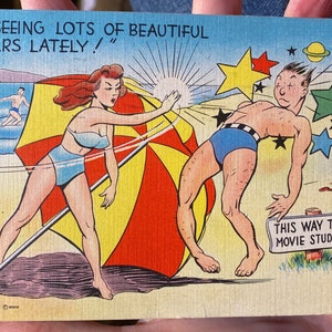 Fabulous Antique Linen Postcards of a Pinup Bombshell Slapping a Hunk on the Beach