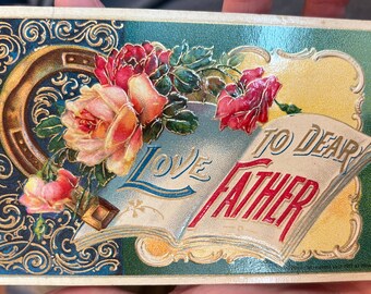 Gorgeous Antique Fathers Day Birthday Victorian Postcard with Peach & Red Roses with Horseshoe