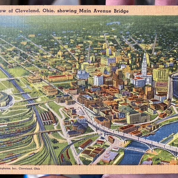 Lovely Antique Colorized Postcard of Aerial View of Cleveland, Ohio Showing Main Avenue Bridge