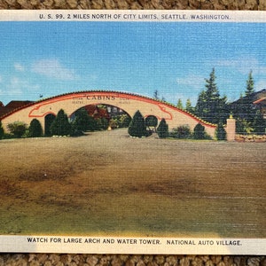 Bellissima cartolina di lino antica del National Auto Village degli Stati Uniti 99 a Seattle, Washington
