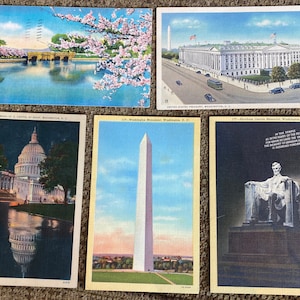 Bela coleção de 5 cartões postais de linho antigos de Washington DC Lincoln, Monumento a Washington, Capitólio, Flores de cerejeira, Tesouro