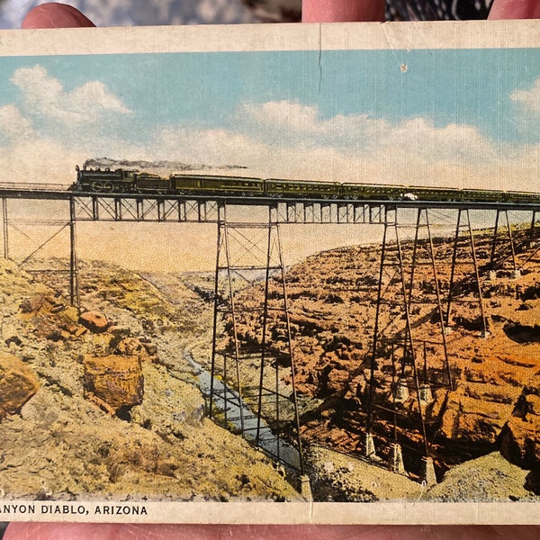 Carte postale colorisée antique de Canyon Diablo, Arizona avec locomotive à vapeur