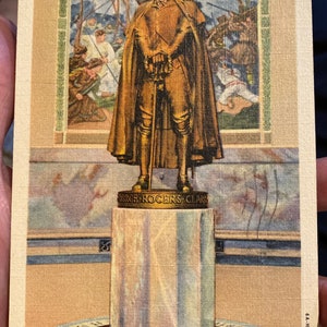 Estátua antiga de cartão postal de linho vintage de George Rogers Clark no Memorial em Vincennes, Indiana