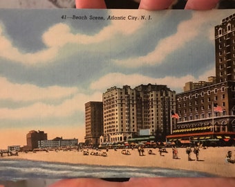 Gorgeous Linen Postcard of Beach Scene in Atlantic City New Jersey from the 1930s
