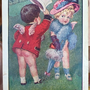 Cartão postal antigo e fofo do Cupido infantil de 1907 “The Meeting”