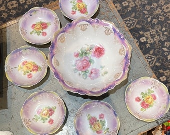 Precioso cuenco victoriano antiguo de porcelana bávara con rosas rosadas y 6 pequeños cuencos de fruta de postre