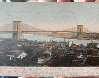 Beautiful Antique Colorized Postcard of East River Bridge in New York City 1906