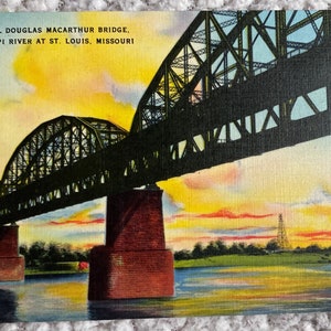 Antike Leinen Postkarte General Douglas MacArthur Bridge, Mississippi River in St Louis, Missouri