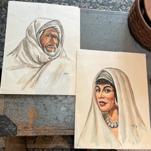 Beautiful Vintage Handpainted Watercolor Painting of Persian Man & Woman