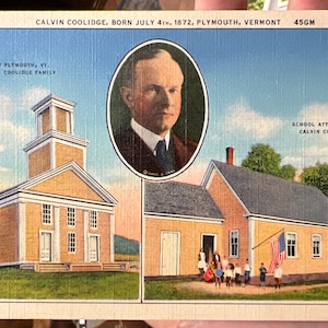 Lindo cartão postal de linho antigo de Calvin Coolidge em Plymouth, Vermont