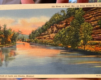 Beautiful Antique Postcard in the Ozarks, Entrance to Noel, Missouri Elk River on US 71 South of Joplin - Carthage - Webb City and Neosho